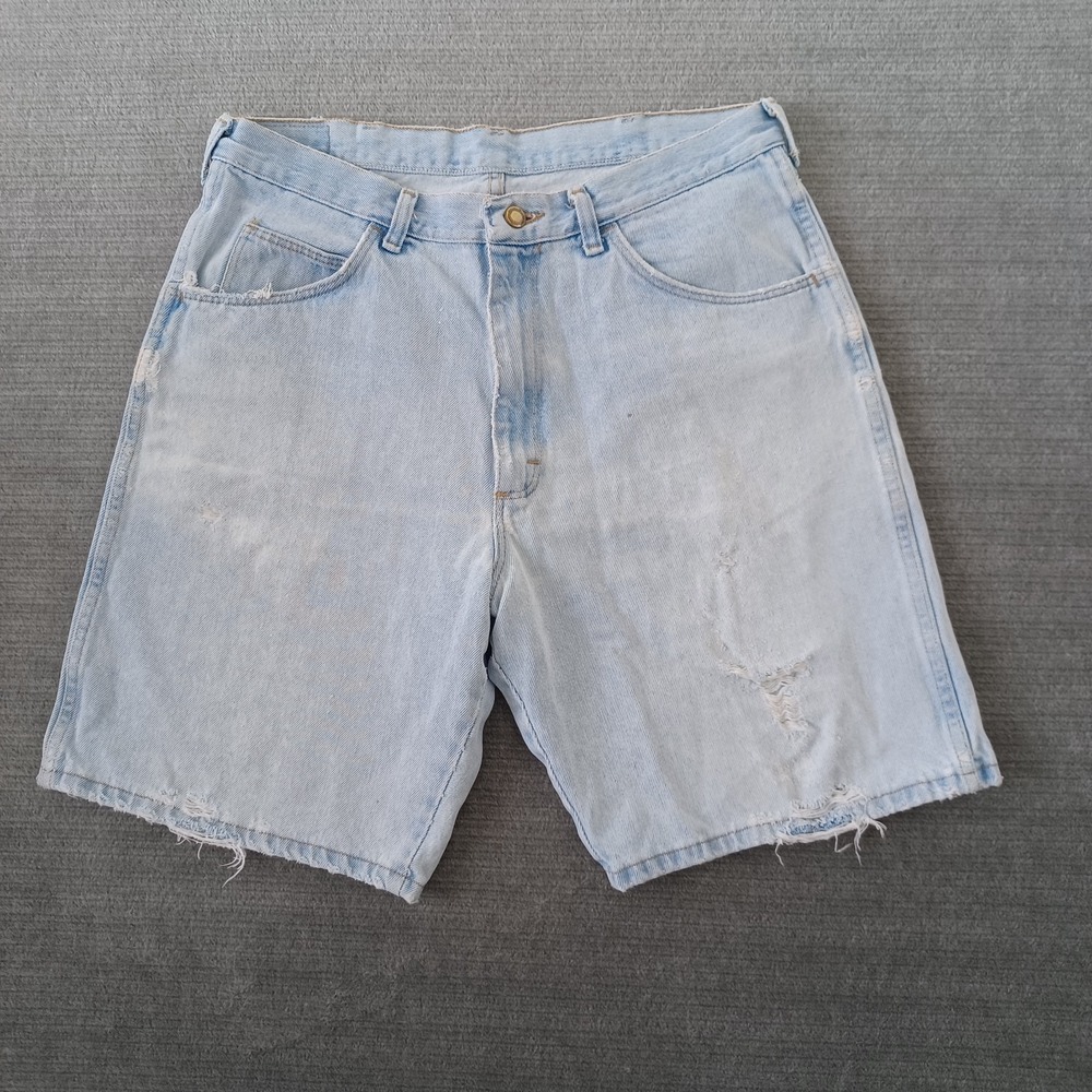Vintage Wrangler Jean Shorts Men 32 Blue Denim Relaxed Fit Light Wash Distressed